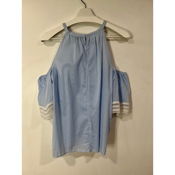 AnnTaylor Cold Shoulder Striped Blouse Eyelet detail Preppy Medium - Picture 5 of 8